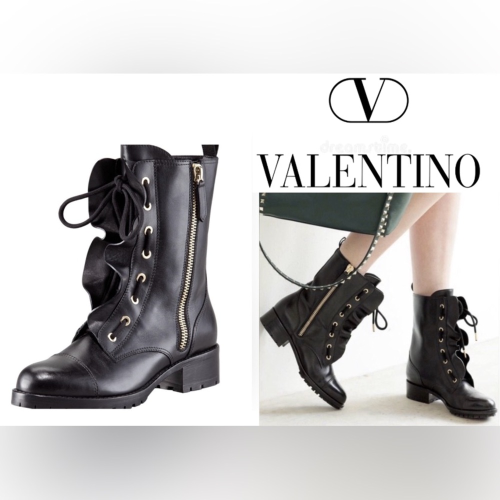 Valentino Black Ruffled Leather LaceUp Biker Combat Boots Gold Hardware US10/I40